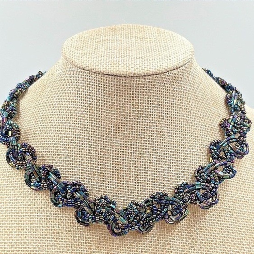 Vintage Iridescent Oil Slick Seed‎ Bead Woven Statement Necklace Retro Boho Y2K